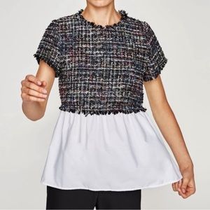Zara| Tweed Peplum Babydoll Short Sleeves Blouse Large